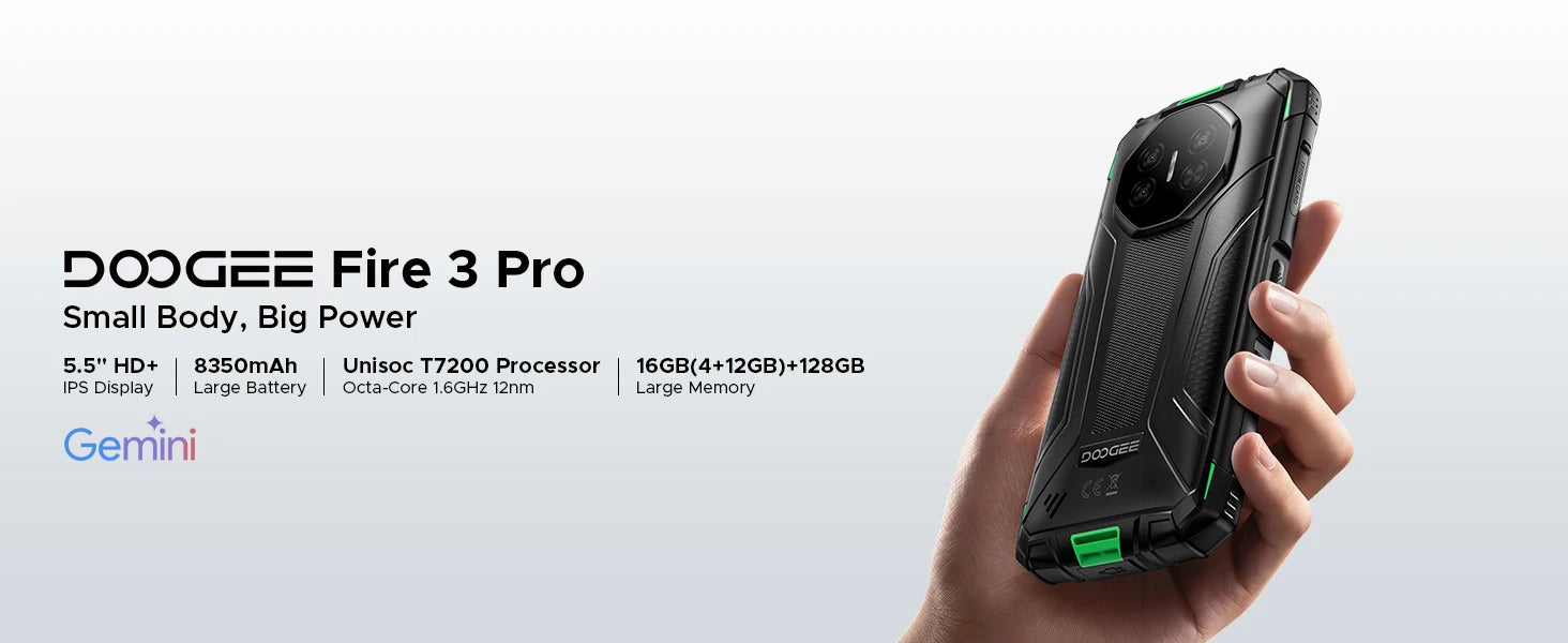 DOOGEE Fire 3 Pro Rugged Phone 8350mAh Battery T7200 Android 15 Smart Phone 5.5'' HD+ Display Cell Phone 16GB+128GB Widevine L1
