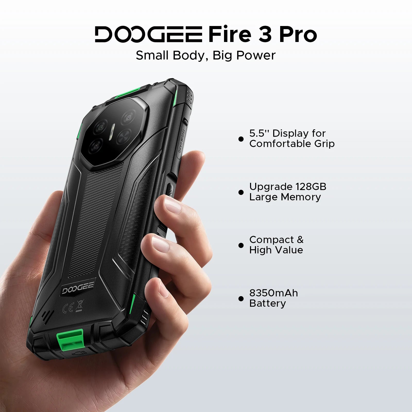 DOOGEE Fire 3 Pro Rugged Phone 8350mAh Battery T7200 Android 15 Smart Phone 5.5'' HD+ Display Cell Phone 16GB+128GB Widevine L1