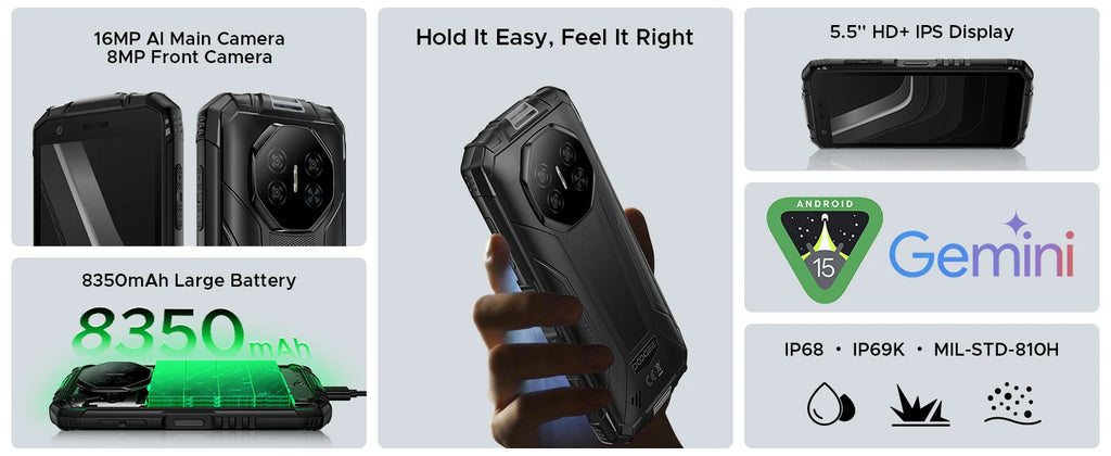 DOOGEE Fire 3 Pro Rugged Phone 8350mAh Battery T7200 Android 15 Smart Phone 5.5'' HD+ Display Cell Phone 16GB+128GB Widevine L1