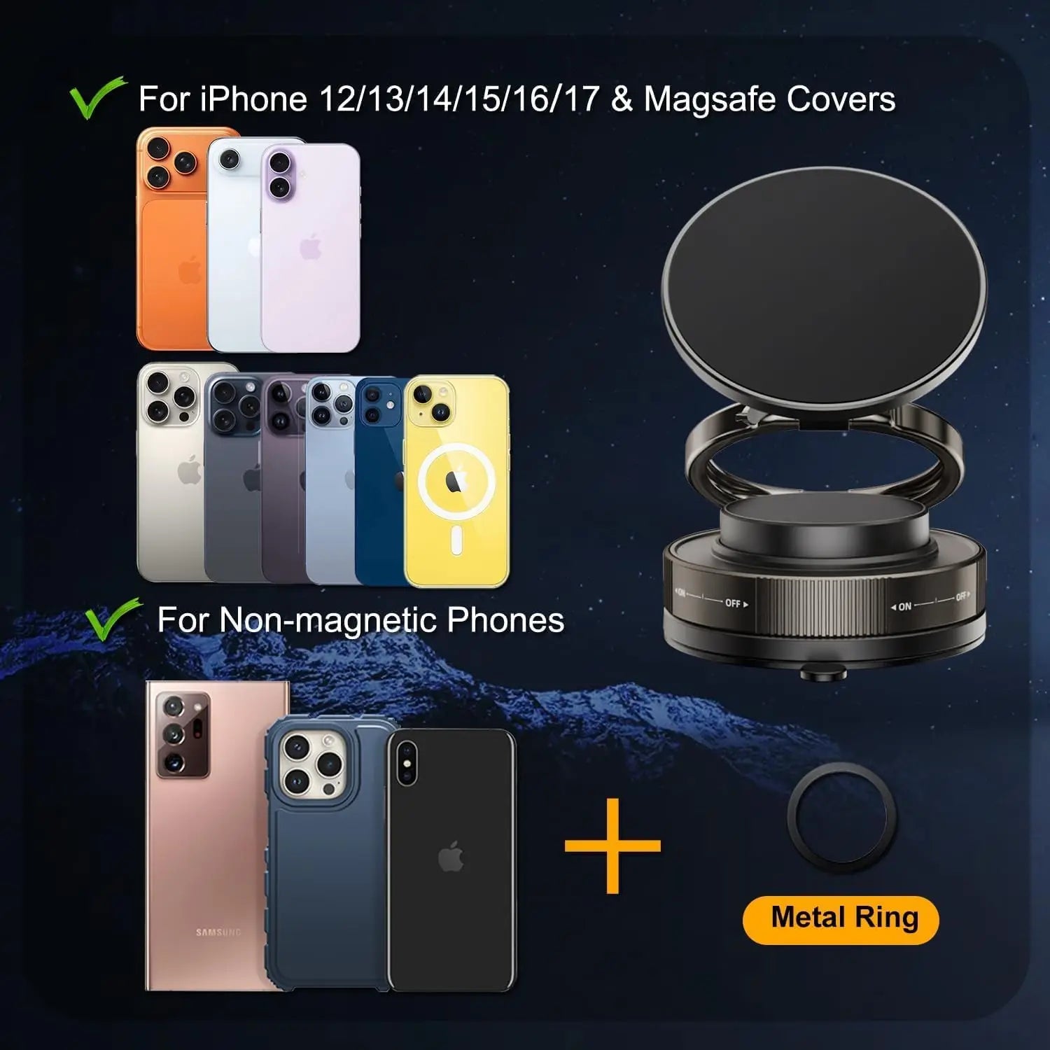 Upgraded Vacuum Magnetic Car Phone Holder for MagSafe, 360° Rotation, 96LBS Ultra Suction Cup Mount for iPhone & Android, Car/Gym/Mirror