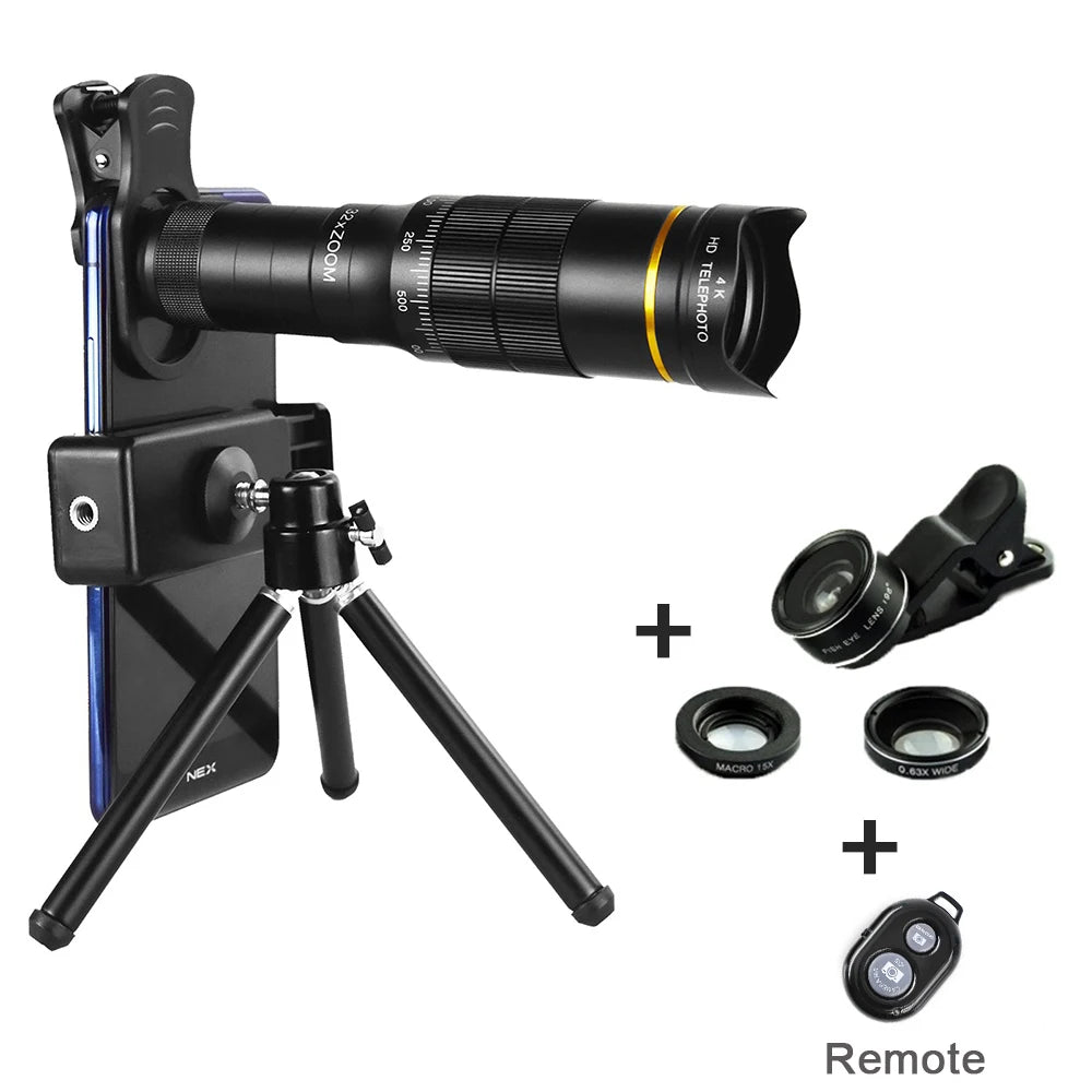 32X Telephoto for Cellphone Mobile Phone Camera Lens Zoom Telescope 4in1 Macro Fish Eye Wide Angel Lenses for iPhone Smartphone