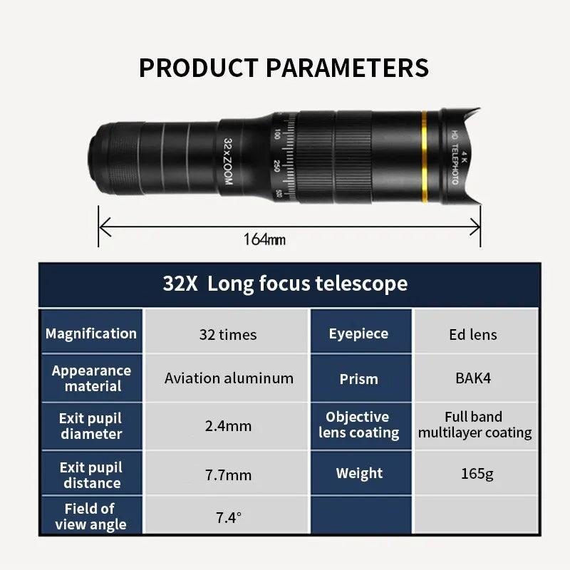 32X Telephoto for Cellphone Mobile Phone Camera Lens Zoom Telescope 4in1 Macro Fish Eye Wide Angel Lenses for iPhone Smartphone