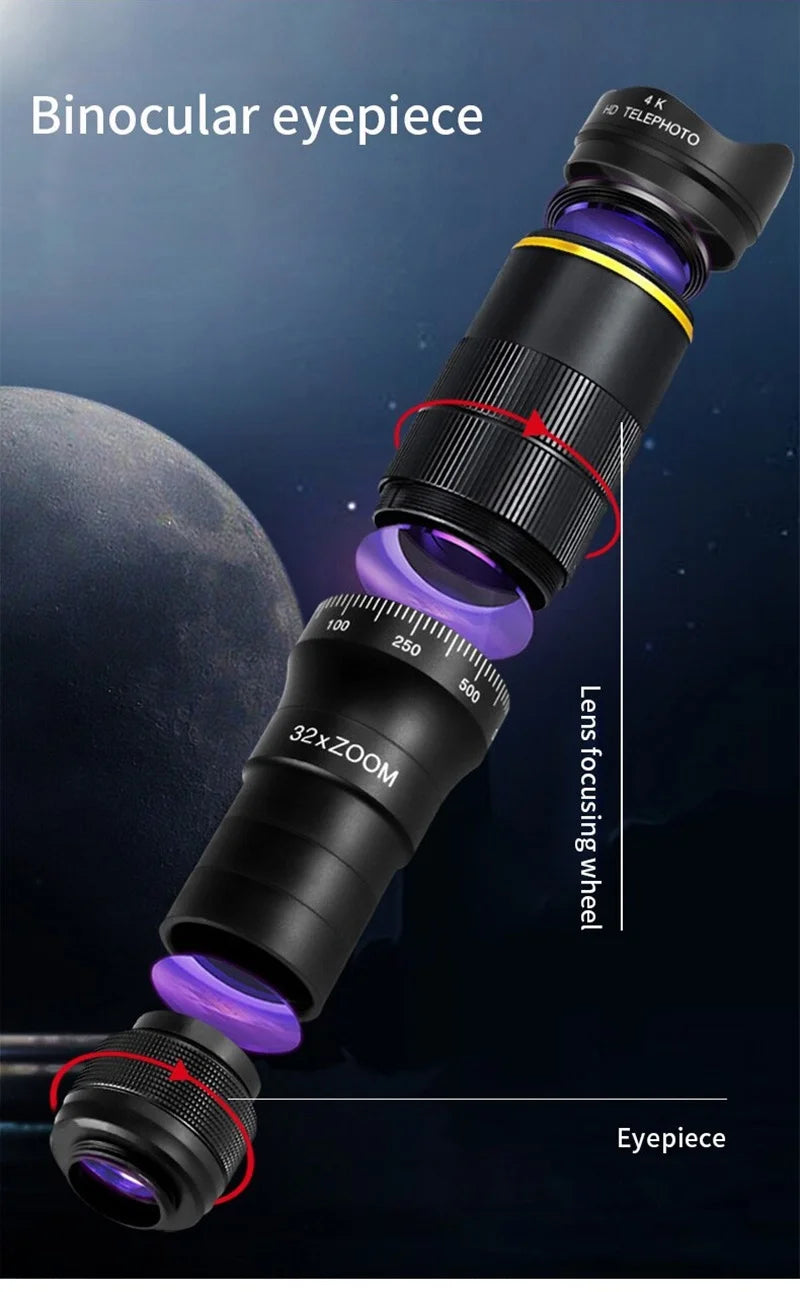 32X Telephoto for Cellphone Mobile Phone Camera Lens Zoom Telescope 4in1 Macro Fish Eye Wide Angel Lenses for iPhone Smartphone