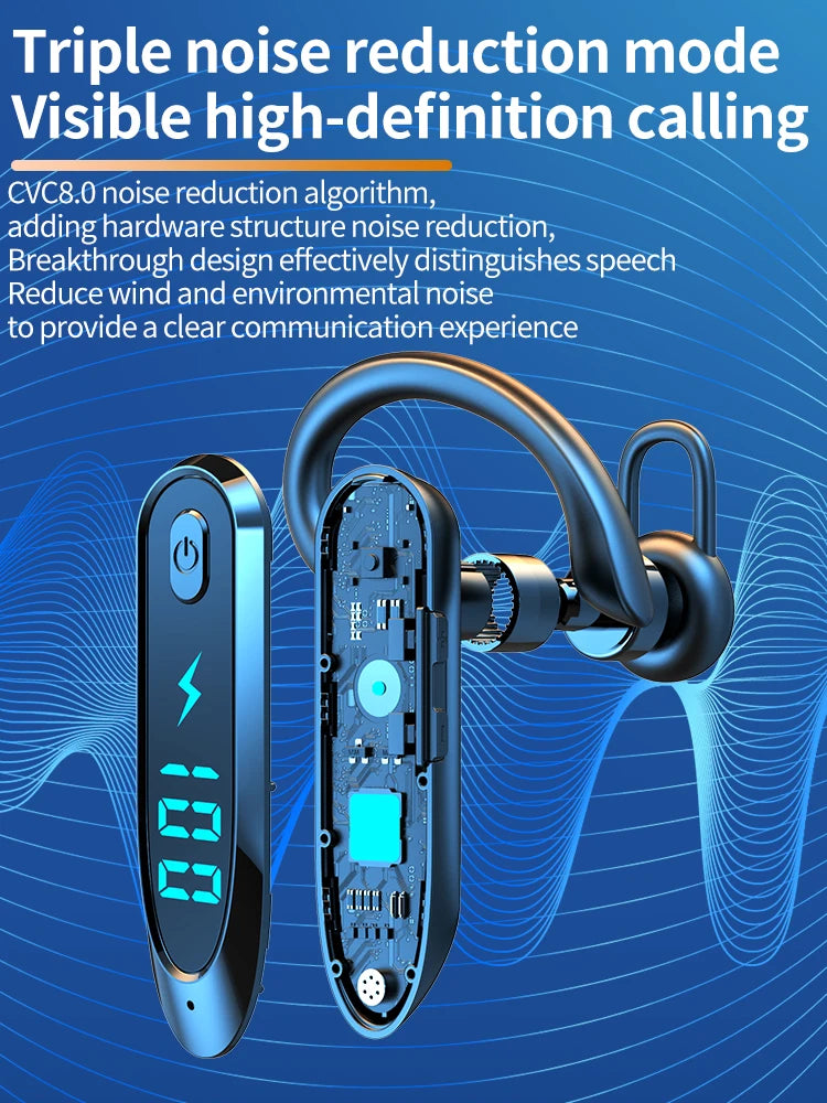 Single Ear Headset With Mic Bluetooth 6.0 Earphone Noise Cancelling Waterproof Earbud LED Display Handsfree Long Standby Time