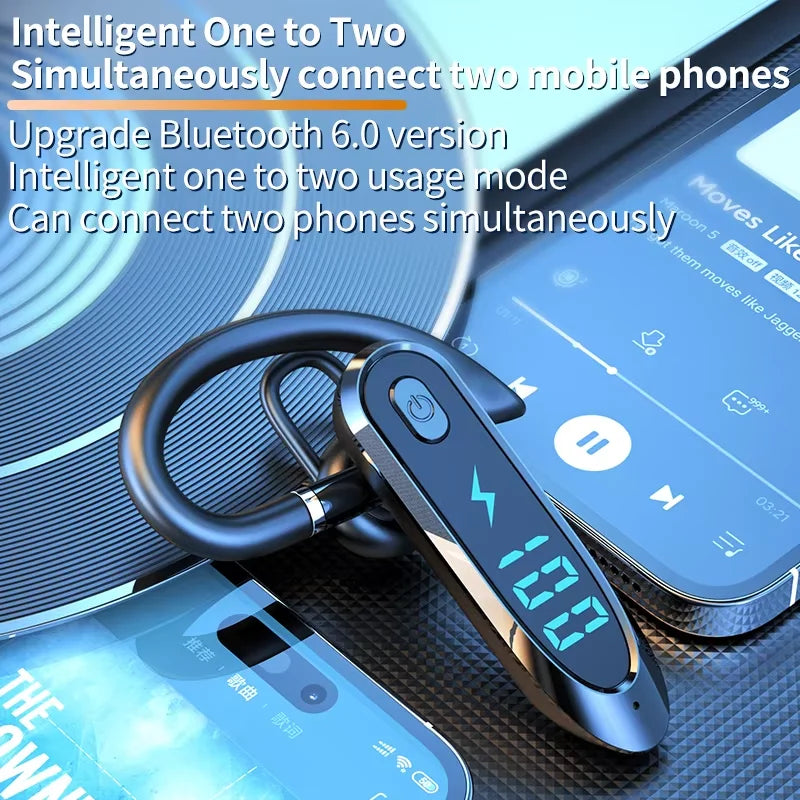 Single Ear Headset With Mic Bluetooth 6.0 Earphone Noise Cancelling Waterproof Earbud LED Display Handsfree Long Standby Time