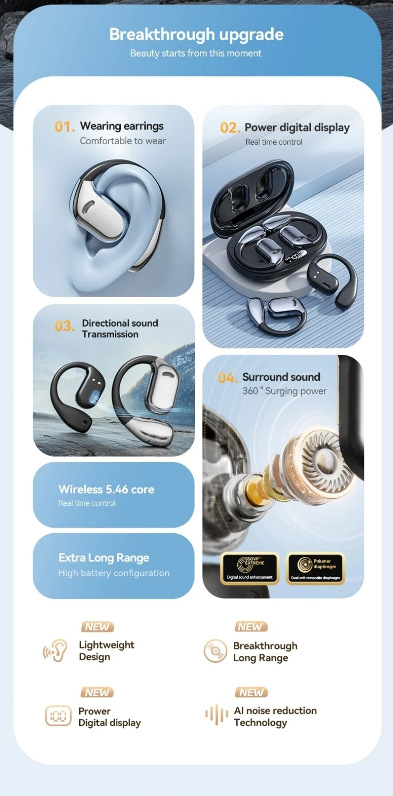 Earhook Earphones TWS Bluetooth 5.4 Bone Conduction Open Air Noise Reduction Headphone Wireless Sports Earbuds M75 HIFI With Mic