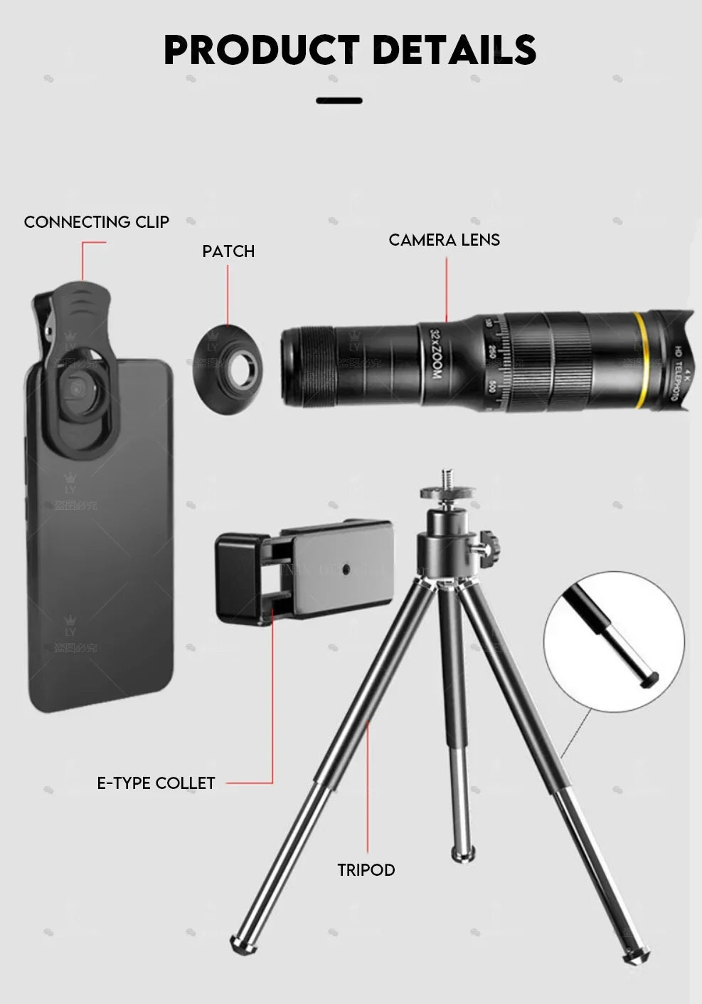 CAOX 32x Professional Concert Monocular Telescope, HD Zoom Phone Camera Lens Telescope, Suitable for Camping and Concerts