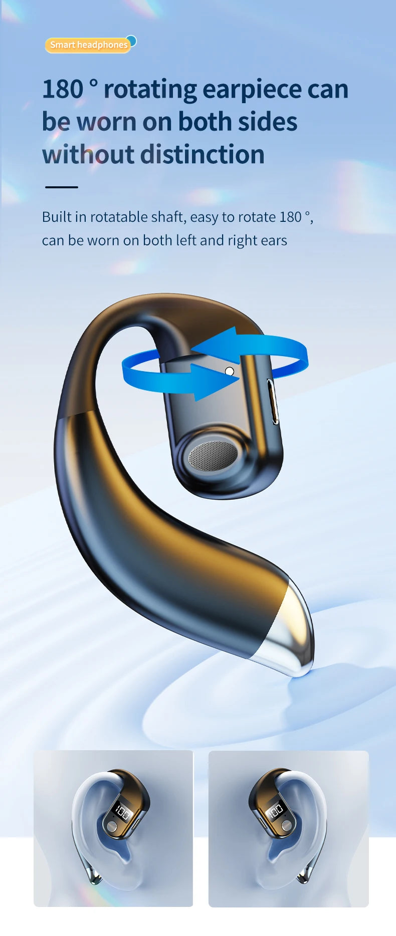 Bluetooth5.4 Earphone Wireless Single Headphone With Mic 180° Rotatable Wireless Sport Earbuds HiFi Stereo Ear Hook Music Earbud