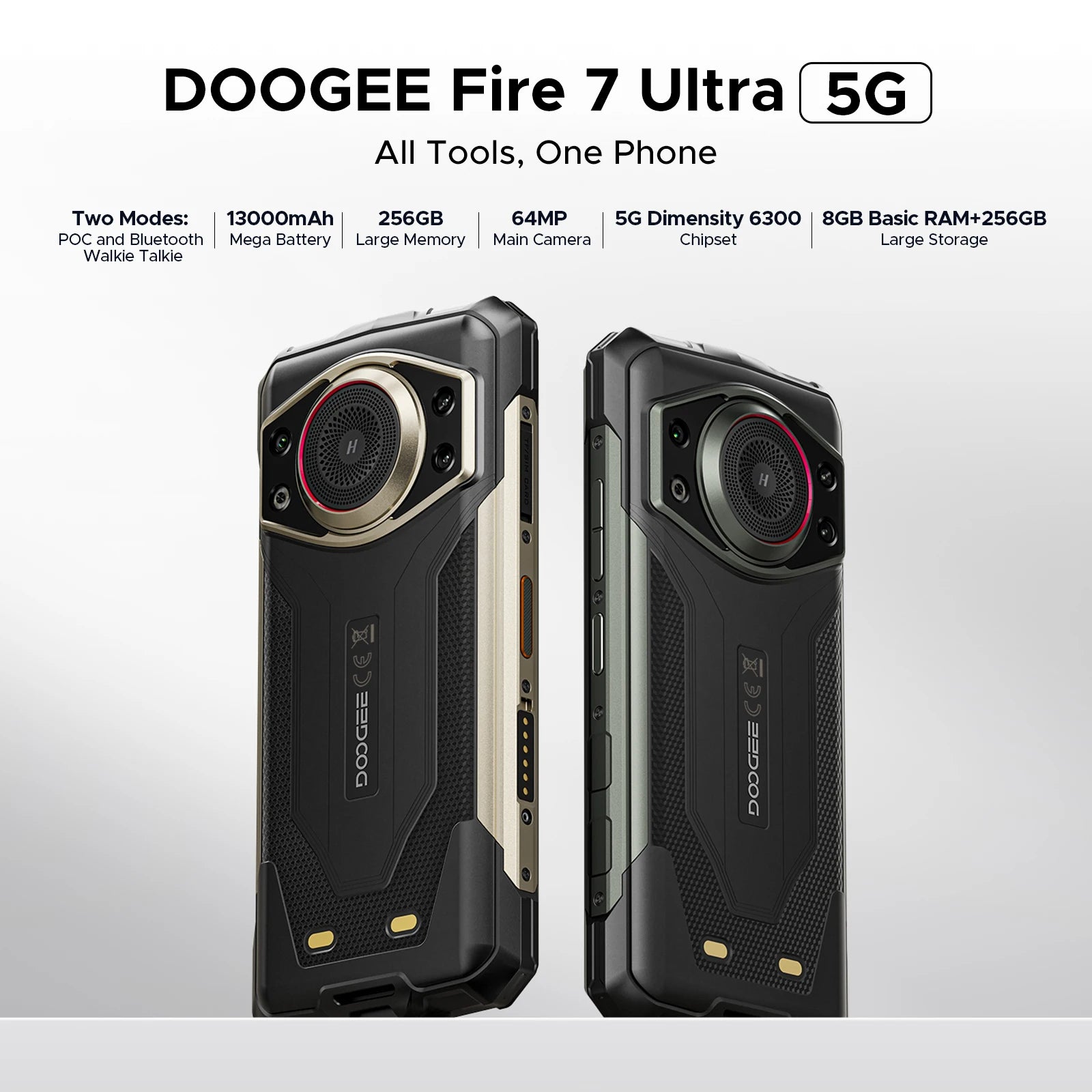 DOOGEE Fire 7 Ultra 5G Rugged Phone POC Walkie Talkie Mobile Phone 13000mAh Battery 32GB RAM (8+24) 256GB ROM Dimensity 6300 NFC