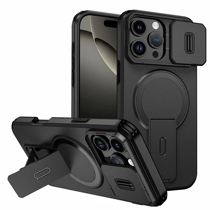 For Magsafe Magnetic Wireless Charging Case For iPhone 16 15 14 13 12 11 Pro Max Plus 16e Armor Stand Slide Lens Protector Cover